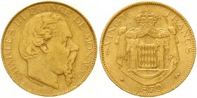 Monaco
Charles III., 1856-1889
20 Francs 1879 Paris. 6,45 g. 900/1000.
sehr schön, Kratzer, Randfehler