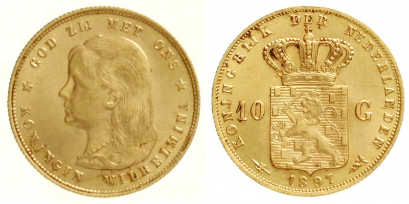 Niederlande
Wilhelmina, 1890-1948
10 Gulden 1897. 6,72 g. 900/1000.
fast Stem...