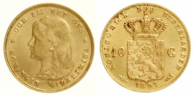 Niederlande
Wilhelmina, 1890-1948
10 Gulden 1897. 6,72 g. 900/1000.
fast Stempelglanz