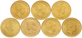 Niederlande
Wilhelmina, 1890-1948
7 X 10 Gulden: 1897, 1911, 1917, 1925, 1926, 1927, 1932. Je 6,73 g. 900/1000.
meist prägefrisch