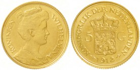Niederlande
Wilhelmina, 1890-1948
5 Gulden 1912. 3,36 g. 900/1000
vorzüglich/Stempelglanz