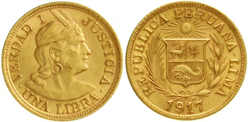 Peru
Republik, seit 1821
Libra (Pound) 1917. 7,98 g. 917/1000.
vorzüglich/Ste...