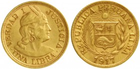 Peru
Republik, seit 1821
Libra (Pound) 1917. 7,98 g. 917/1000.
vorzüglich/Stempelglanz
