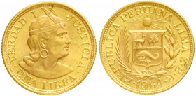 Peru
Republik, seit 1821
Libra (Pound) 1964. 7,99 g. 917/1000.
fast Stempelglanz, kl. Randverprägung