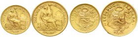 Peru
Republik, seit 1821
2 Stück: 5 und 10 Soles 1965 sitzende Freiheit. 2,34 g. und 4,69 g. 900/1000.
fast Stempelglanz
