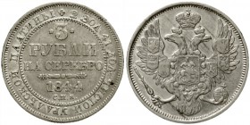 Russland
Nikolaus I., 1825-1855
3 Rubel PLATIN 1844. Ohne Mmz., St. Petersburg. 23,3 mm, 10,28 g.
sehr schön, selten