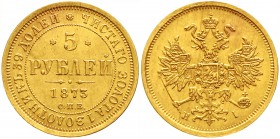 Russland
Alexander II., 1855-1881
5 Rubel 1873 HI, St. Petersburg. 6,54 g.
vorzüglich/Stempelglanz, kl. Kratzer