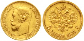 Russland
Nikolaus II., 1894-1917
5 Rubel 1901 St. Petersburg. 4,3 g. 900/1000.
sehr schön/vorzüglich
