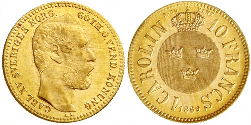 Schweden
Carl XV. 1859-1872
Karolin/10 Francs 1869. 3,23 g.
fast Stempelglanz...