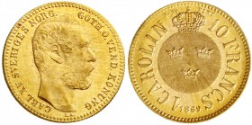 Schweden
Carl XV. 1859-1872
Karolin/10 Francs 1869. 3,23 g.
fast Stempelglanz, Prachtexemplar
