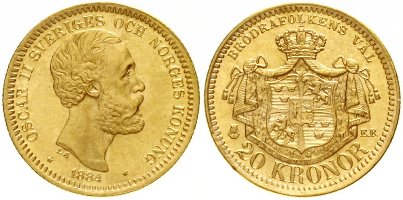 Schweden
Oscar II., 1872-1907
20 Kronen 1884 EB. 8,96 g. 900/1000.
vorzüglich...