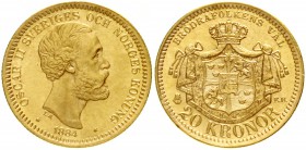 Schweden
Oscar II., 1872-1907
20 Kronen 1884 EB. 8,96 g. 900/1000.
vorzüglich/Stempelglanz aus EA