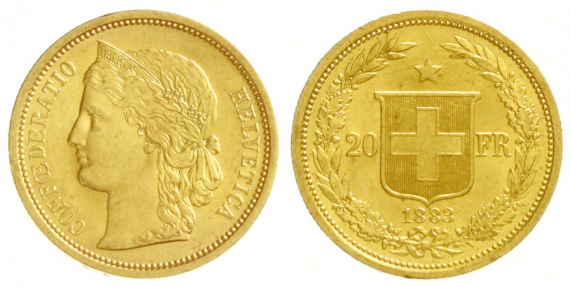Schweiz
Eidgenossenschaft, seit 1850
20 Franken 1883. Helvetia. 6,45 g. 900/10...