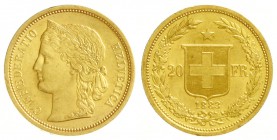 Schweiz
Eidgenossenschaft, seit 1850
20 Franken 1883. Helvetia. 6,45 g. 900/1000.
vorzüglich/Stempelglanz