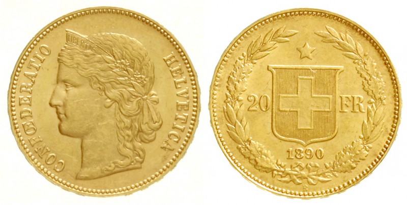 Schweiz
Eidgenossenschaft, seit 1850
20 Franken 1890 B. Helvetia. 6,45 g. 900/...
