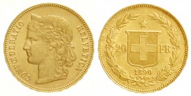 Schweiz
Eidgenossenschaft, seit 1850
20 Franken 1890 B. Helvetia. 6,45 g. 900/1000.
vorzüglich/Stempelglanz