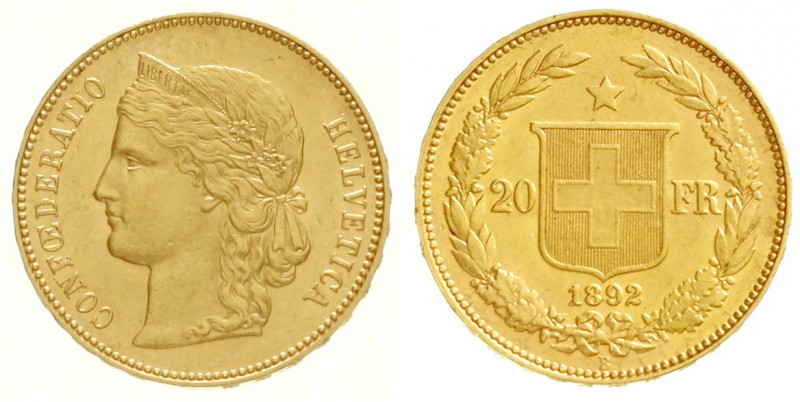 Schweiz
Eidgenossenschaft, seit 1850
20 Franken 1892 B. Helvetia. 6,45 g. 900/...