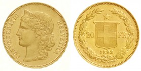 Schweiz
Eidgenossenschaft, seit 1850
20 Franken 1892 B. Helvetia. 6,45 g. 900/1000.
vorzüglich