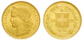 Schweiz
Eidgenossenschaft, seit 1850
20 Franken 1896 B. Helvetia. 6,45 g. 900/1000.
vorzüglich/Stempelglanz