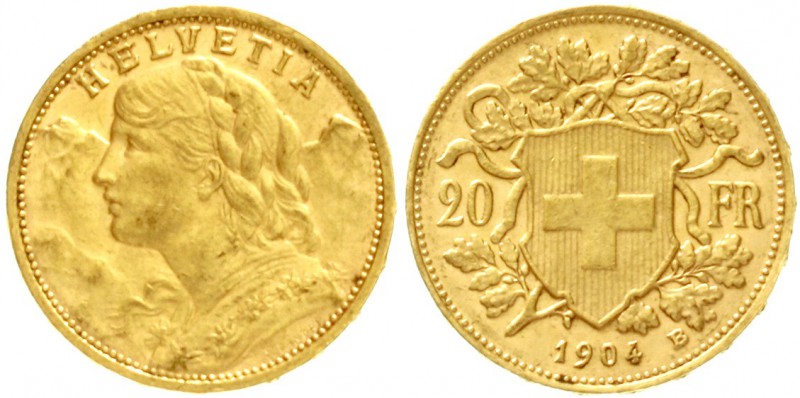 Schweiz
Eidgenossenschaft, seit 1850
20 Franken Vreneli 1904 B. 6,45 g. 900/10...