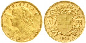 Schweiz
Eidgenossenschaft, seit 1850
20 Franken Vreneli 1904 B. 6,45 g. 900/1000.
vorzüglich, selten