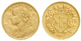 Schweiz
Eidgenossenschaft, seit 1850
20 Franken Vreneli 1907 B. 6,45 g. 900/1000.
vorzüglich/Stempelglanz, selten