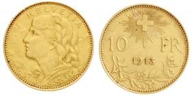 Schweiz
Eidgenossenschaft, seit 1850
10 Franken Vreneli 1913 B. 3,23 g. 900/1000.
vorzüglich