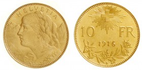 Schweiz
Eidgenossenschaft, seit 1850
10 Franken Vreneli 1916 B. 3,23 g. 900/1000.
Stempelglanz, Prachtexemplar, selten in dieser Erhaltung