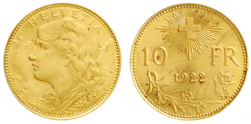 Schweiz
Eidgenossenschaft, seit 1850
10 Franken Vreneli 1922 B. 3,23 g. 900/10...