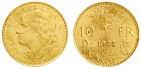 Schweiz
Eidgenossenschaft, seit 1850
10 Franken Vreneli 1922 B. 3,23 g. 900/1000.
prägefrisch, kl. Randfehler