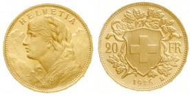 Schweiz
Eidgenossenschaft, seit 1850
20 Franken Vreneli 1926 B. 6,45 g. 900/1000.
fast Stempelglanz, min. Randfehler, Prachtexemplar, selten