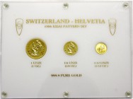 Schweiz
Eidgenossenschaft, seit 1850
Probensatz in Feingold 1986, Helvetia/Rütli-Schwur. Zu 1, 1/4 und 1/10 Unzen. Im Original Plexiglas-Blister mit...