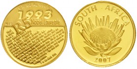 Südafrika
Republik, seit 1961
5 Rand Protea Nobelpreisträger 2007. Rede Mandela. 1/10 Unze Feingold.
Polierte Platte