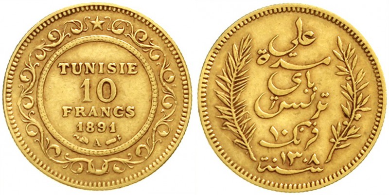 Tunesien
Ali Bei, 1882-1902
10 Francs 1891 A. 3,225 g. 900/1000.
sehr schön, ...