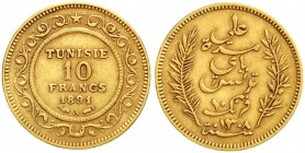 Tunesien
Ali Bei, 1882-1902
10 Francs 1891 A. 3,225 g. 900/1000.
sehr schön, kl. Druckstelle