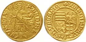 Ungarn
Wladislaw I. Jagiello, 1440-1444
Goldgulden o.J. (1440/1441) Nagybanya, Kammergraf Stefan Remetei, Bzz. n-S. 3,48 g.
vorzüglich