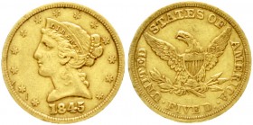Vereinigte Staaten von Amerika
Unabhängigkeit, seit 1776
5 Dollars 1845, Philadelphia. 8,36 g. 900/1000.
sehr schön, winz. Randfehler