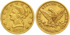 Vereinigte Staaten von Amerika
Unabhängigkeit, seit 1776
10 Dollars 1847, Philadelphia. 16,72 g. 900/1000.
sehr schön, winz. Randfehler