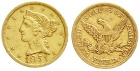 Vereinigte Staaten von Amerika
Unabhängigkeit, seit 1776
5 Dollars 1851, Philadelphia. 8,36 g. 900/1000.
sehr schön