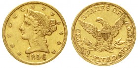 Vereinigte Staaten von Amerika
Unabhängigkeit, seit 1776
5 Dollars 1856, Philadelphia. 8,36 g. 900/1000.
sehr schön/vorzüglich