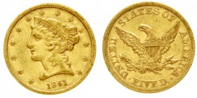 Vereinigte Staaten von Amerika
Unabhängigkeit, seit 1776
5 Dollars 1861, Philadelphia. 8,36 g. 900/1000.
sehr schön, winz. Randfehler