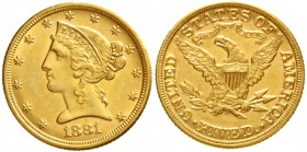 Vereinigte Staaten von Amerika
Unabhängigkeit, seit 1776
5 Dollars 1881, Philadelphia. Coronet Head. 8,36 g. 900/1000.
gutes vorzüglich