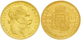 Haus Habsburg
Franz Joseph I., 1848-1916
8 Forint/20 Francs 1886 K.B. Für Ungarn. 6,45 g. 900/1000.
sehr schön/vorzüglich
