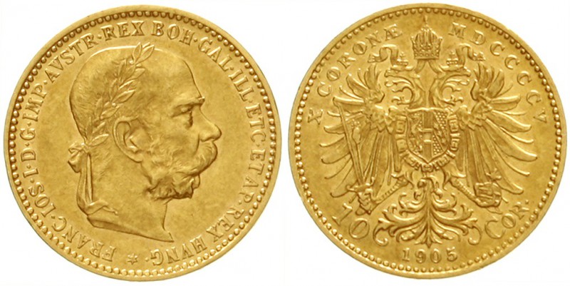 Haus Habsburg
Franz Joseph I., 1848-1916
10 Kronen 1905. 3,39 g. 900/1000.
vo...