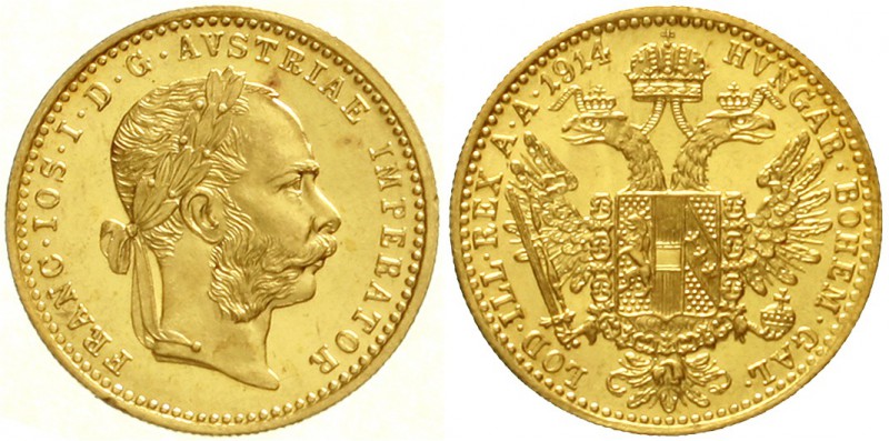 Haus Habsburg
Franz Joseph I., 1848-1916
Dukat 1914. fast Stempelglanz, winz. ...