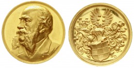 Brandenburg-Preussen
Wilhelm II., 1888-1918
Goldmedaille zu 5 Dukaten o.J.(1889) von Anton Scharff. Auf Gerson von Bleichröder (1822-1893, Berlin), ...