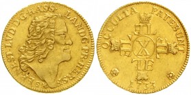 Hessen-Darmstadt
Erst Ludwig, 1678-1739
Karolin (10 Gulden) 1733. 9,57 g. Seltener Typ.
vorzüglich, sehr selten in dieser Erhaltung
