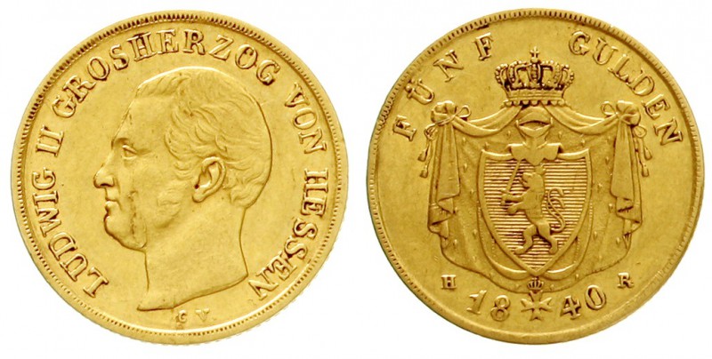 Hessen-Darmstadt
Ludwig II., 1830-1848
5 Gulden 1840. 3,35 g.
sehr schön/vorz...