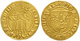 Mainz-Erzbistum
Johann II. von Nassau, 1397-1419
Goldgulden o.J. (1414-1417) Bingen. Var. ohne Trennung zwischen JOHISAR. 3,43 g.
gutes sehr schön
