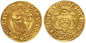 Nördlingen, Reichsmünzstätte
Friedrich III., 1452-1493
Goldgulden o.J.(1469/1487) Johannes der Täufer mit Lamm. 3,25 g.
vorzügliches, gut ausgepräg...